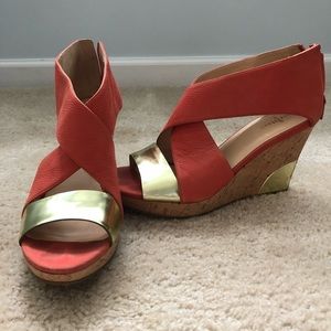 Cole Haan Coral and Gold Wedges. Size 9.5